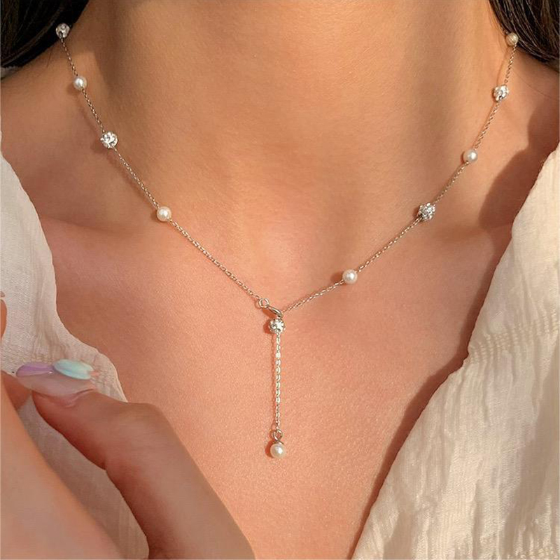 Travel Accessories As Gifts - Imitation Pearl Zircon Tassel Necklace para
