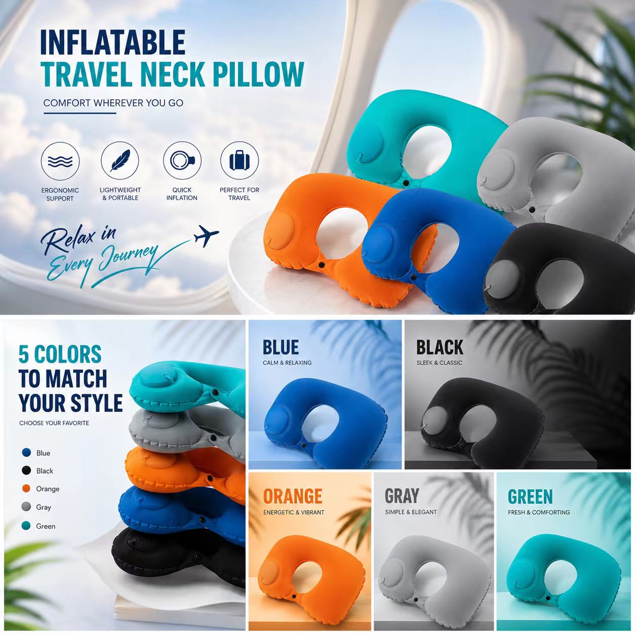 Travel Accessories Pillow - Almofada inflável dobrável portátil de 5